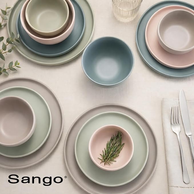 Sango 16-Piece Stoneware Dinnerware Set for 4, Satin Glazed Plates and Bowls Sets with Matte Finish, Ceramic Dish Set, Durable Kitchen Dishes, Microwave & Dishwasher Safe Dining, Rollo Artist's Blend