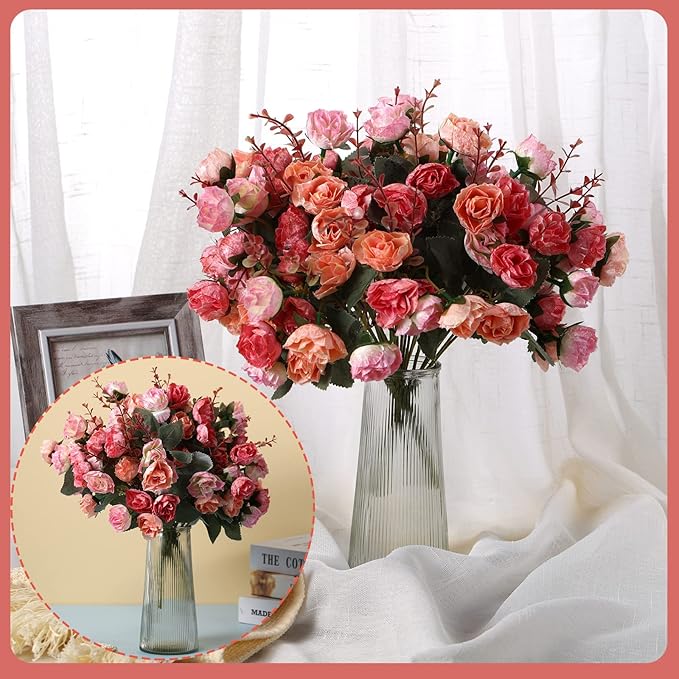 Geosar 8 Pcs Rose Artificial Flowers Fake Flowers Bouquet 21 Heads Silk Faux Floral Bundles with Stem for Home Bridal Wedding Arrangements Table Centerpieces Party Decor (Pink)