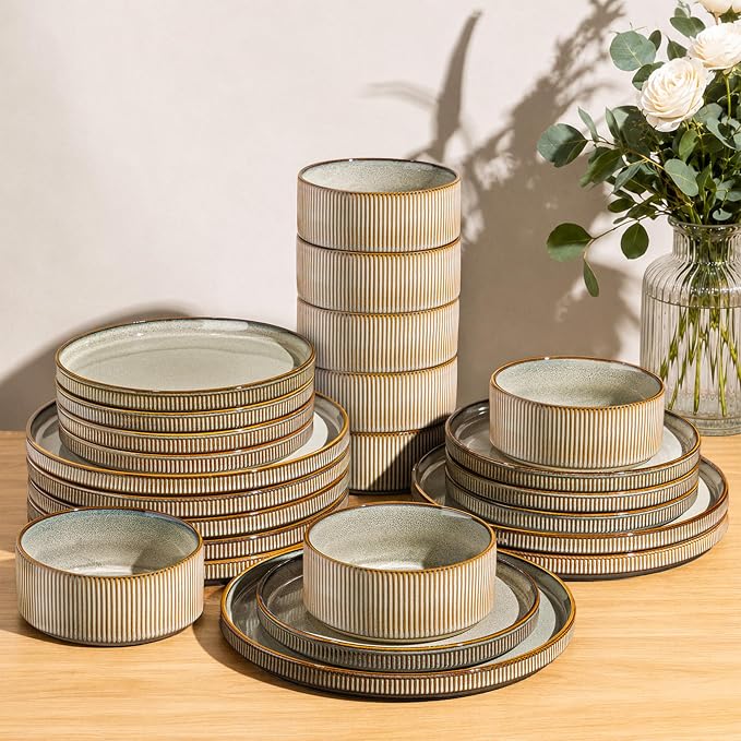 GBHOME 24-Piece Stoneware Dinnerware Set for 8 – Ribbed Ceramic Plates and Bowls, Scratch-Resistant, Microwave & Dishwasher Safe, Reactive Glaze, Reactive Glaze Green Wheat