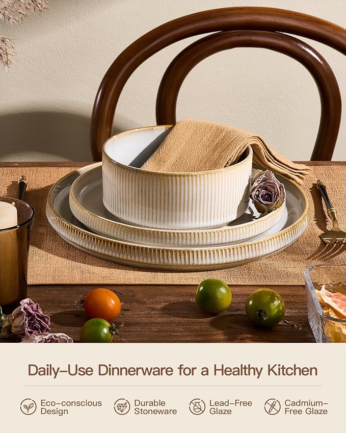 Stoneware Plates and Bowls Dishes Sets for 6 (18-Piece), Famiware Premium Handcrafted Reactive Glaze Dinnerware Set with Raised Rim, Scratch Resistant, Microwave Dishwasher Safe, Cappuccino White