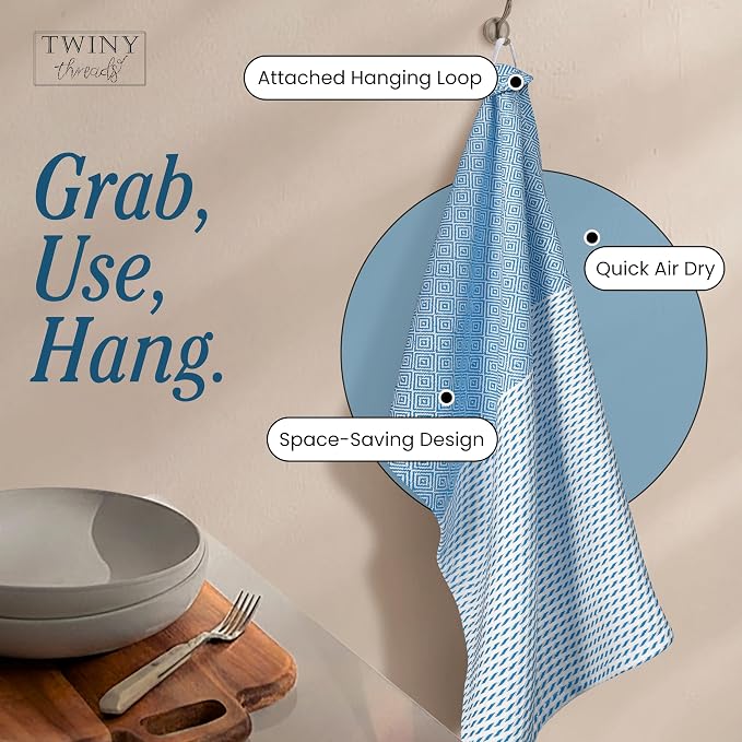 TWINY threads Kitchen Towel Diamond Weave, Premium Large Kitchen Linen Set, 100% Cotton Dish Rag, Absorbent Quick Drying Wash Rags for Drying Dishes, Reusable, Set of 4, 18x26 Inches, Turquiose