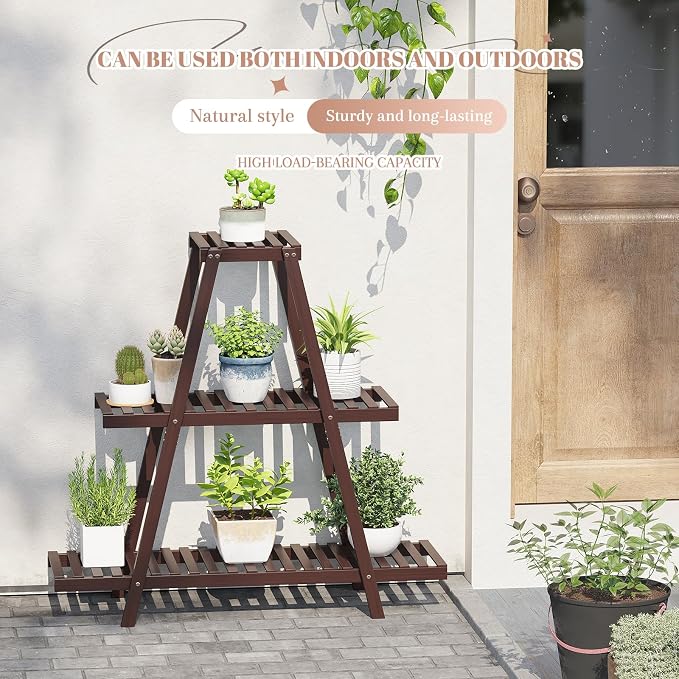 STDDRE Plant Stand For Indoor Outdoor Tiered Plant Shelf 3 Tier 8 Potted Bamboo Flower Holder Ladder Rack For Multiple Triangle Table Plant Pot Stand (Brown)