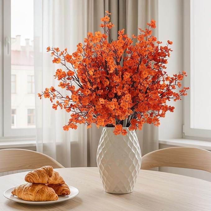 8Pcs Babys Breath Artificial Fake Fall Flowers, Real Touch Orange Plants Silk Flowers for Vase Home Office Wedding Indoor Outdoor Centerpiece Table Party Autumn Christmas Decorations