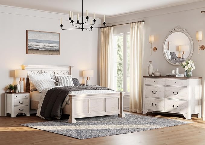 WAMPAT Farmhouse 6 Drawer Dresser for Bedroom, 47.2" White Dresser with Large Storage Drawers and Metal Handle, Wide Chest of Drawers with Solid Wood Legs, Wood Dressers for Bedroom, Closet, Hallway