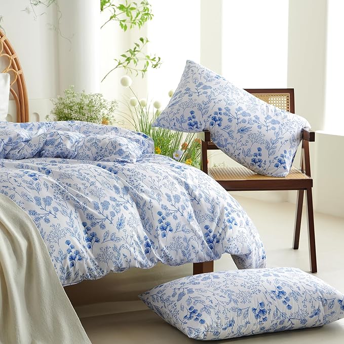 Nayoroom Blue Floral Duvet Cover King Size Cottagecore Botanical Flower Spring Comforter Cover 3 Pcs Soft Breathable Microfiber Pastoral Aesthetic Bedding Set Gift for Women