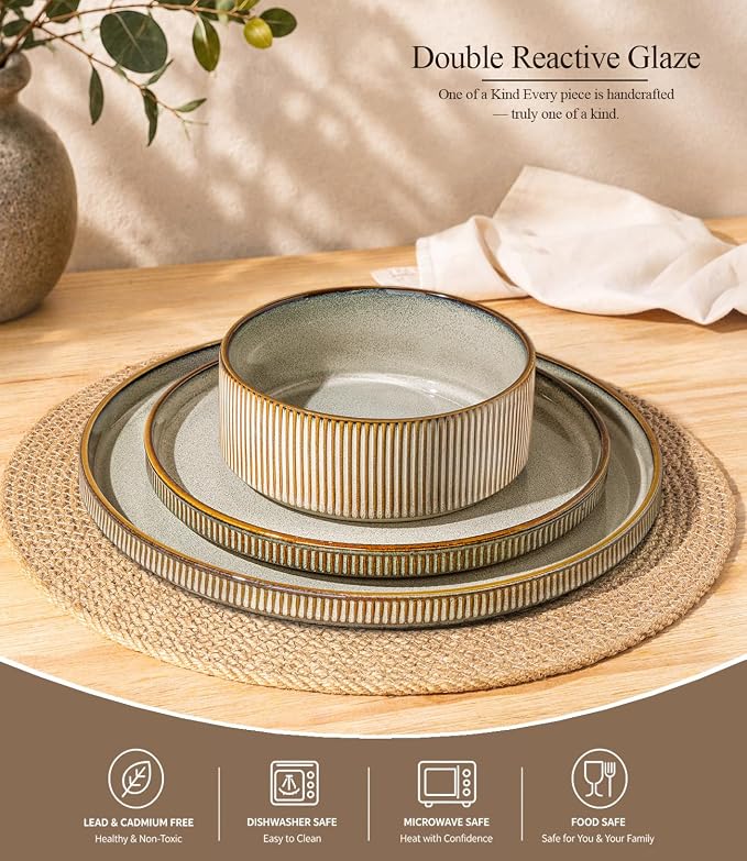 GBHOME 12-Piece Stoneware Dinnerware Set for 4 – Ribbed Ceramic Plates and Bowls, Scratch-Resistant, Microwave & Dishwasher Safe, Reactive Glaze, Reactive Glaze Green Wheat