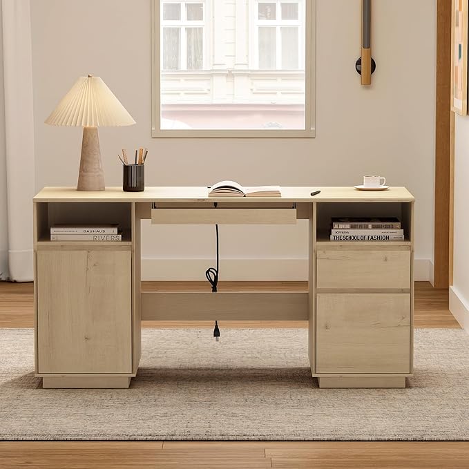 59" Farmhouse Office Desk, Wide Home Executive Desk with File Drawer & Open Storage & Power Outlet, Wooden Computer Desk for Study Writing, Light Oak