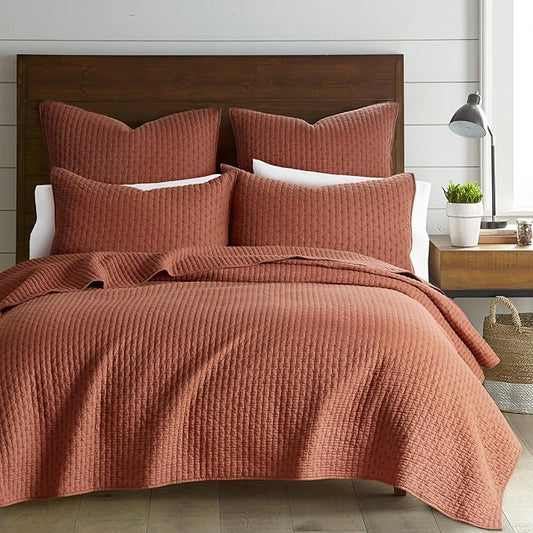 Levtex Home Cross Stitch Reversible Twin XL/Twin Quilt Set (68x86in) with 1 Pillow Sham (26x20in) - Stitch Texture - Adobe - 100% Cotton Twin Size Quilt Bedding Set - Lightweight, Soft, Pre-Washed