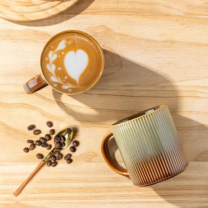 theterra Ceramic Coffee Mugs Set of 4, 14.2oz Handmade Coffee Cups with Handle for Latte, Tea, Milk, Beer, Hot Cocoa, Sage Umber