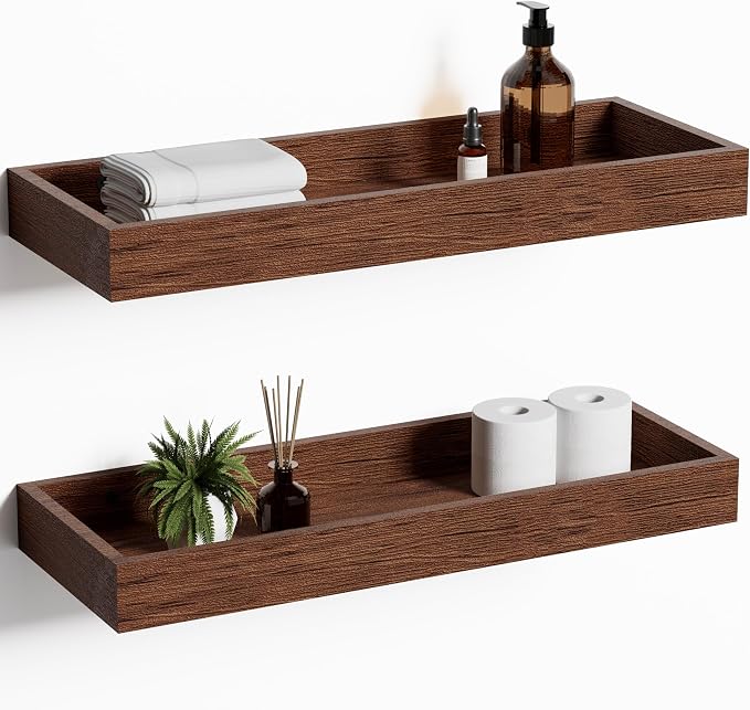 Floating Shelves for Wall, Wooden Wall Shelves for Bedroom Living Room Kitchen, Modern and Rustic Bathroom Shelves with Raised Lip, Decor Floating Shelf for Storage (Walnut-Like,2 Set,15.7 in)