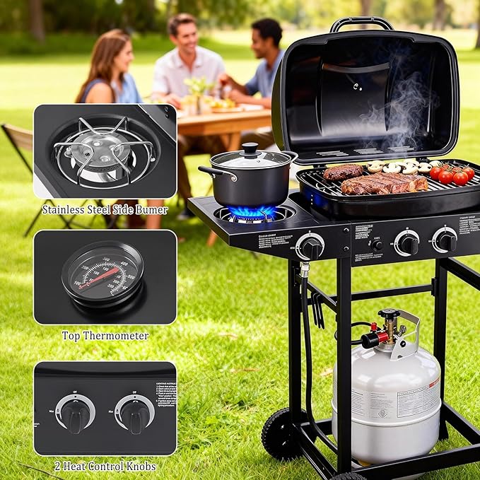 Unovivy 2-Burner Portable Propane Gas Grill with Side Burner, BBQ Grill with Built-in Thermometer, 24,000 BTU Small Camping Barbecue Grills with Oil Tray for Outdoor Cooking, Patio, Garden