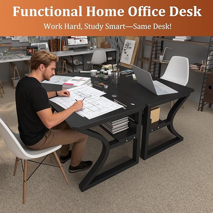 47 inch Computer Desk, Home Office Desk with Storage Shelf, Sturdy U-Shaped Metal Frame Study Table with Cable Management, Gaming Desk for Office & Bedroom (Black, 47 inch)