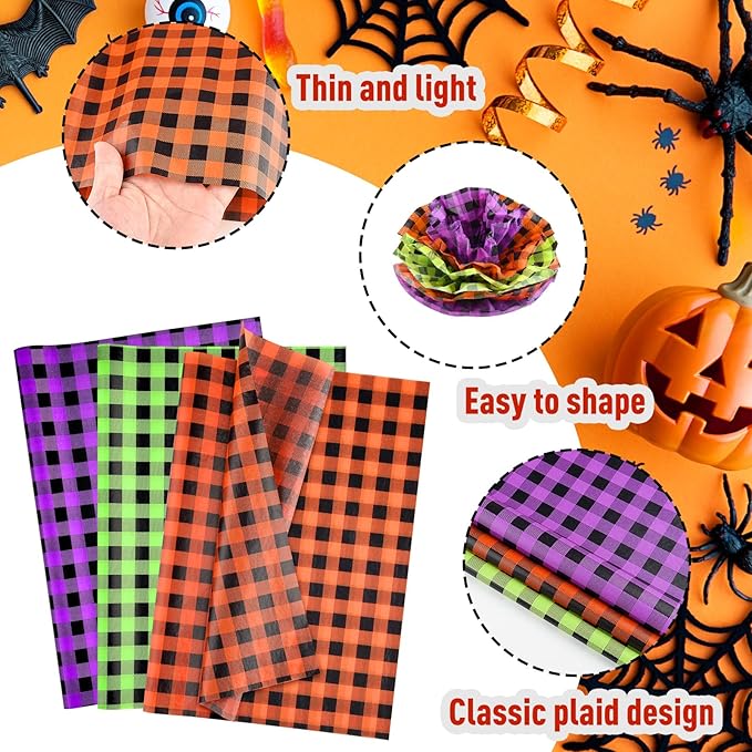 NEBURORA 120 Sheets Halloween Tissue Paper 14 x 20inch Orange Green Purple Buffalo Plaid Wrapping Paper for DIY Craft Gift Bags Halloween Party Supplies
