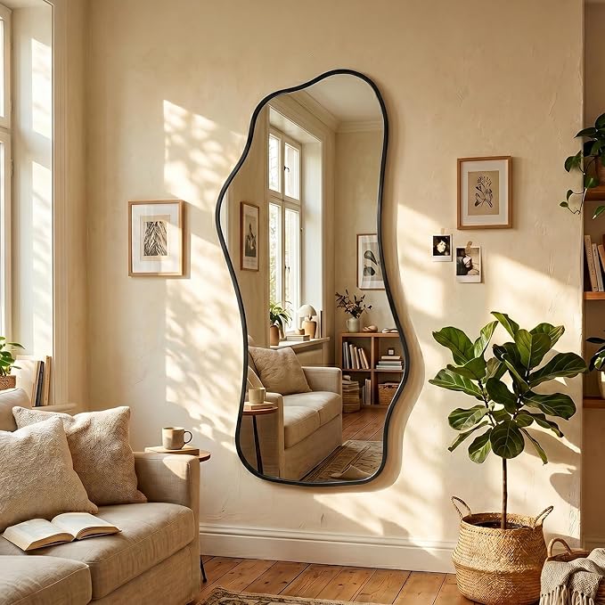 Bathroom Mirrors for Over Sink-Horizontal or Vertical Hanging 47.2"x21.6" Black Asymmetrical Wavy Aluminum Frame Decorative Full Body Mirror for Living Room,Bedroom,Cloakroom,Entryway