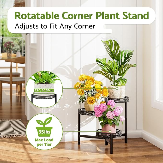 Metal Plant Stand Indoor Outdoor, 3 Tier Corner Tall Plant Shelf for Multiple Plants, Tiered Plant Stand, Heavy Duty Flower Plant Holder, Folding Tall Rack for Garden Patio Lawn Balcony - BlackWave