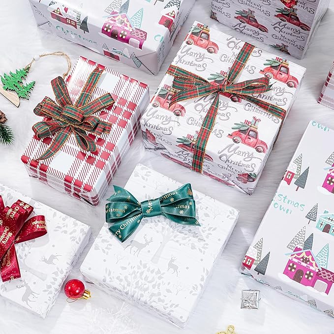 PlandRichW Christmas Wrapping Paper Folded 12 sheets for Kids Adults, 20 x 29 Inches Gift Wrap Paper Plaid, Barn, Red Truck, Moose, Woodland Scenes Designs