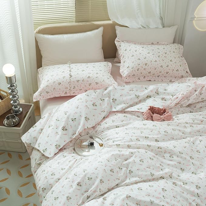 LifeTB Garden Pink Floral Comforter Set Queen Size Vintage Boho Floral Bedding Comforter Queen with 2 Pillowcases Fluffy Soft All Seasons Bedding Set Cottagecore Flowers Botanical Comforter Set