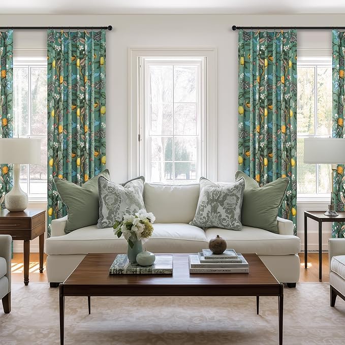 Sage Green Printed Pattern Curtains 96 Inches Long for Living Room,Farmhouse Floral Vintage Art Deco Drapes,Pinch Pleated Blackout Hummingbird Lemon Patterned Window Treatment for Bedroom 2 Panels