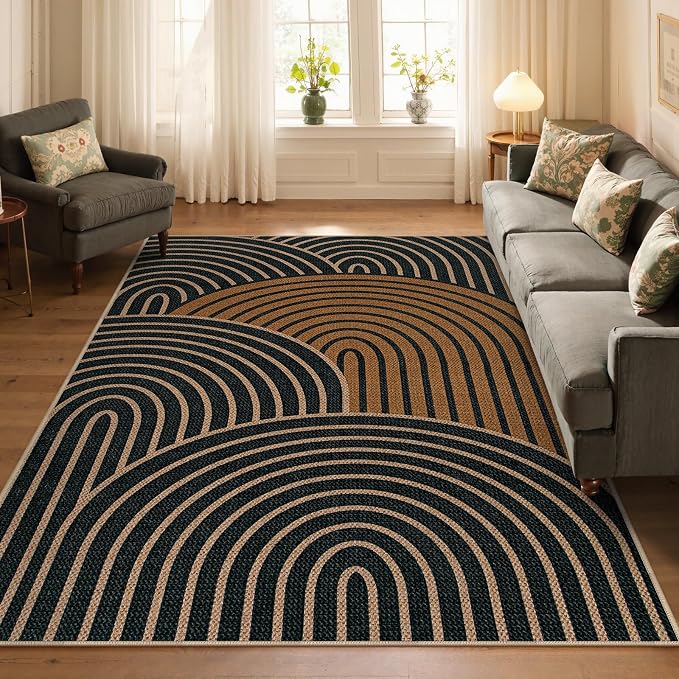 Lahome Enfys Modern Rainbow Easy Jute Carpet, Washable Rugs 5x7 for Living Room Black Farmhouse Dining Room Rug, Contemporary Natural Throw Mat Non Slip Floor Carpet for Office RV Patio