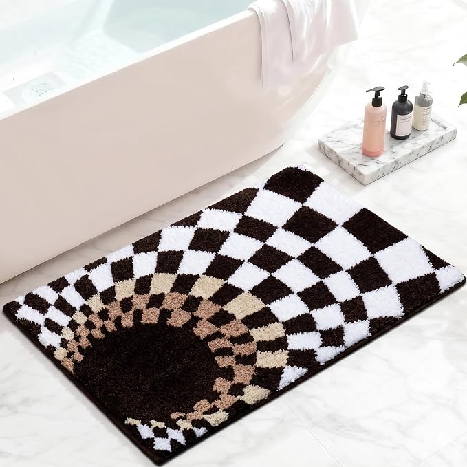 Cute Microfiber Checkered Bath Mat, Non Slip High Pile Absorbent Mat, Tufted Checkerboard Rug for Toilet, Sink, Funky Apartment Decor, Brown, Machine Washable, 16"x24"