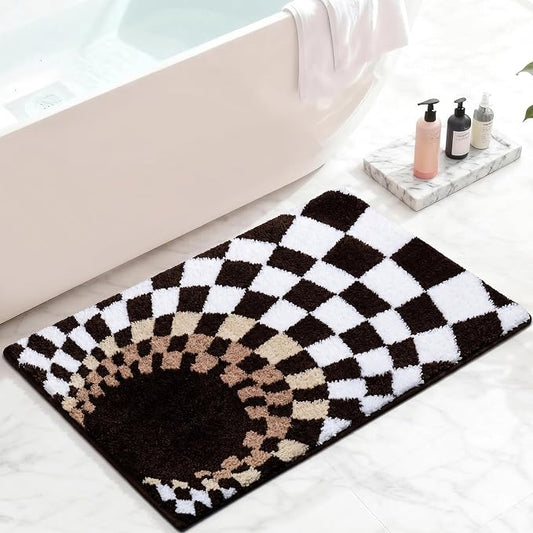 Cute Microfiber Checkered Bath Mat, Non Slip High Pile Absorbent Mat, Tufted Checkerboard Rug for Toilet, Sink, Funky Apartment Decor, Brown, Machine Washable, 16"x24"