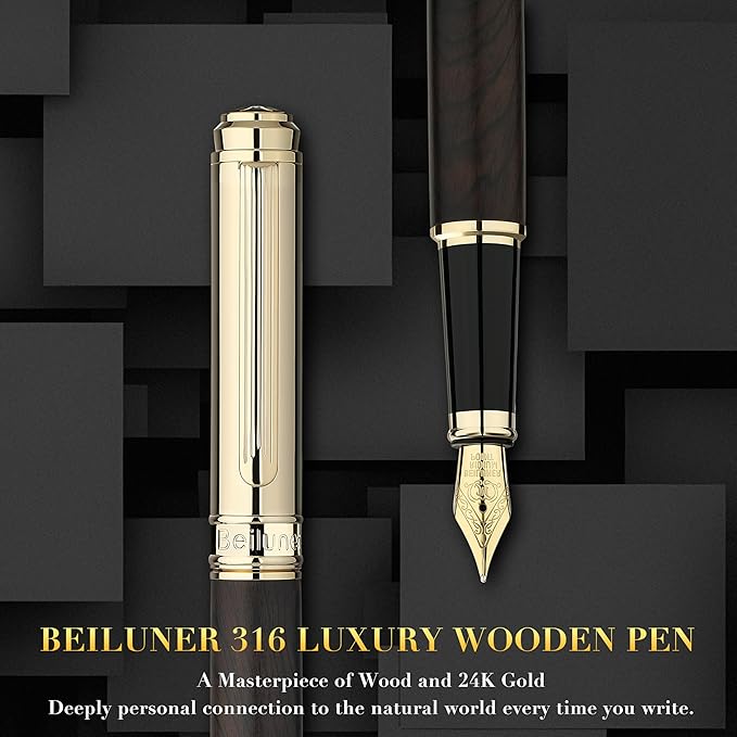 BEILUNER 316 Fountain Pen,Stunning Luxury Blackwood,24K Gilded Nib(Medium),Gorgeous 24K Gold Finish, Ink Converter,Trustworthy Gift for Men&Women-Elegant,Executive,Graduation Pens for Writing, BK-M