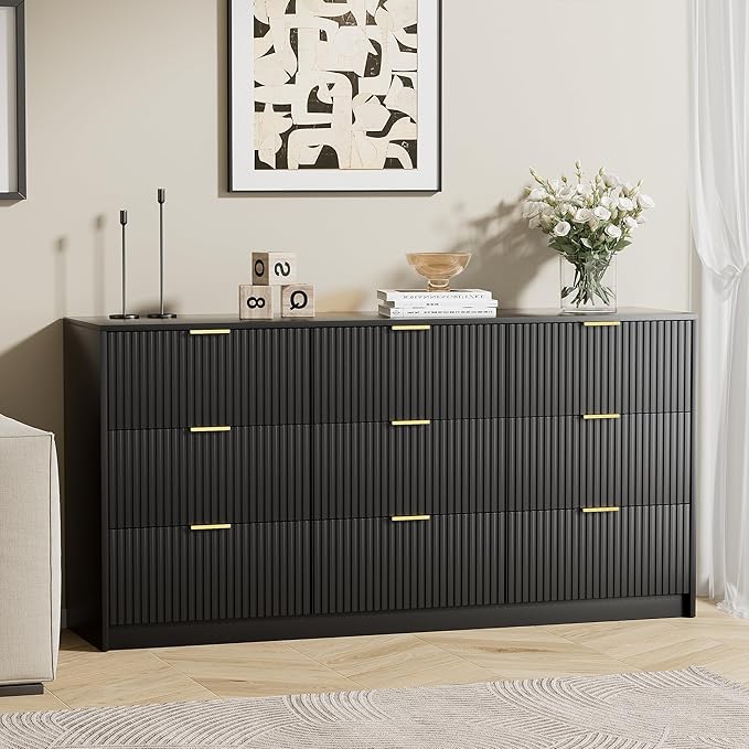 Black Dresser for Bedroom, Modern Dresser with 9 Drawers and Smooth Slides, Wide Chest of Drawers with Golden Handles for Bedroom, Living Room, Closet, 15.7" D x 63" W x 31.5" H