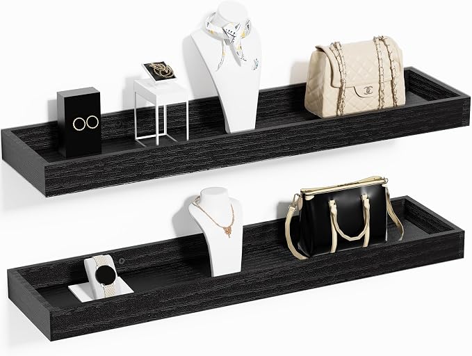 2 Pack 23.6 in Black Floating Shelves for Wall, Wooden Wall Shelves for Bedroom Living Room Kitchen, Modern and Rustic Bathroom Shelves with Raised Lip, Decor Floating Shelf for Storage Display