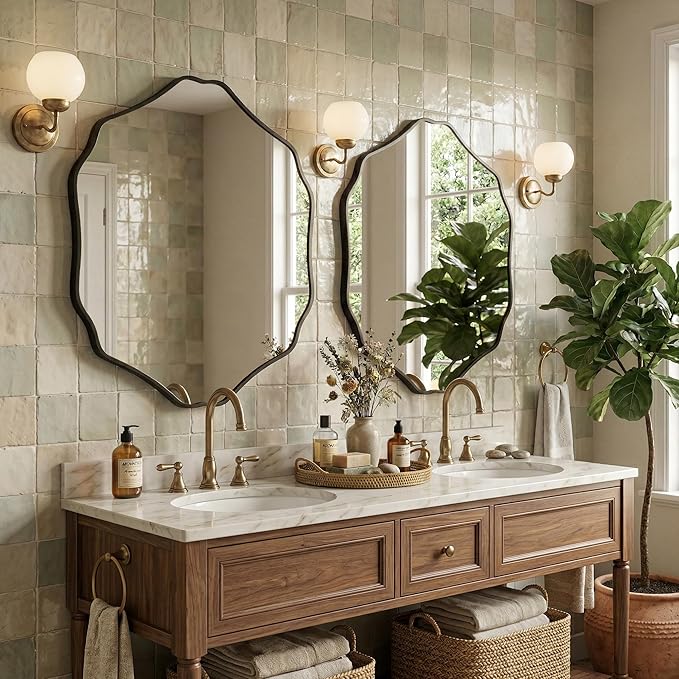 Irregular Hexagon Wall Mirror with Wavy Edge, Modern Decorative Mirror for Bathroom, Bedroom, Living Room, Frameless Vanity Mirror