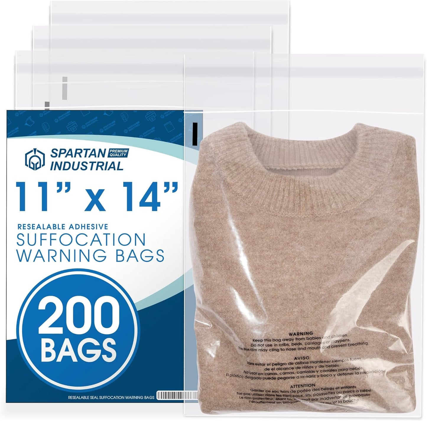 Spartan Industrial - Self-Seal Clear Poly Bags (11” X 14”, 200 Count) with Suffocation Warning | Resealable Glue