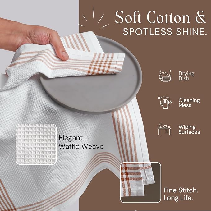 Waffle White & Brown 12 Pack Kitchen Towels Set, 100% Cotton, 16x26 inches, Professional Quality Cleaning Towel for Bar, Home, Restaurant Use, Absorbent Dish Cloths for Drying Dishes
