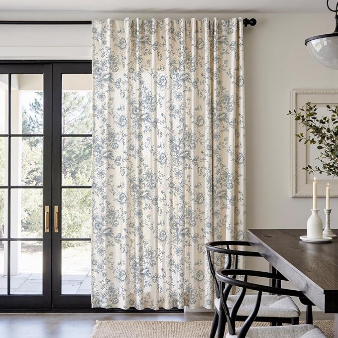 jinchan Linen Floral Curtains 100 Inch Extra Wide for Patio Sliding Glass Door Room Divider Curtain for Living Room 90 Inch Length Farmhouse Peony Blue Printed Curtain Set 1 Panel
