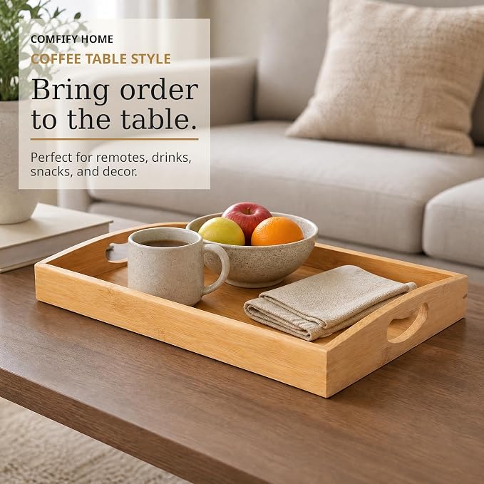 Comfify Bamboo Serving Trays – Set of 3 Ottoman Trays for Food, Entertaining, and Decor – Minimalist Design