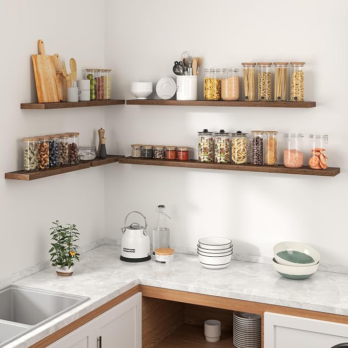 Heimlove Floating Shelves for Wall,16 inchs Shelf for Small Bathroom,Mounted Storage & Display Wood Shelves for Bedroom,Living Room,Kitchen,Office,Set of 2,Rustic Brown