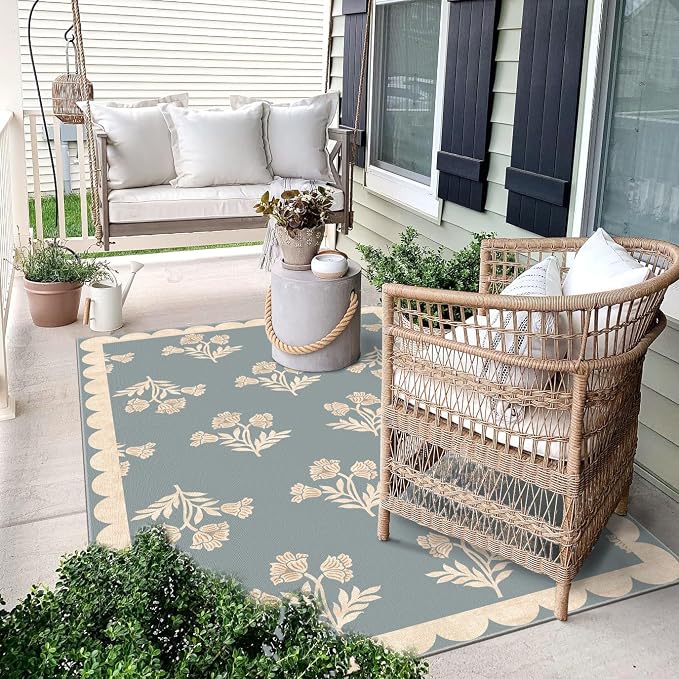3x5 Floral Entry Rug - Small Washable Indoor Outdoor Mats for Front Door Non-Slip Porch Rug Blue Boho Farmhouse Scalloped Throw Rugs for Living Room Bedroom Entryway Kitchen Office Porch Decor