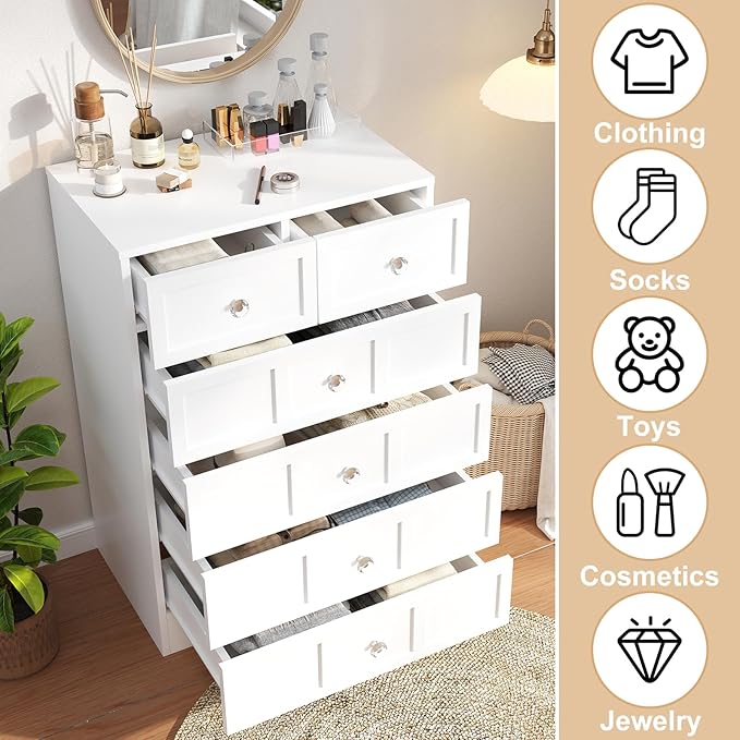 Wood Dressers for Bedroom: 24" Large White Dresser for Bedroom Deep 6 Drawers, Modern Chest of Drawers for Clothes, Fluted Double Wide Dresser with Handles