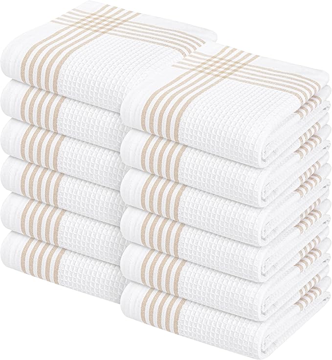 Waffle White & Beige Kitchen Dish Towels 12 Pack, 100% Cotton, 16x26 inches, Durable Dish Cloths Set, Quick Dry Kitchen Rags, Everyday Use Cooking and Cleaning Hand Towels, Bar Towel