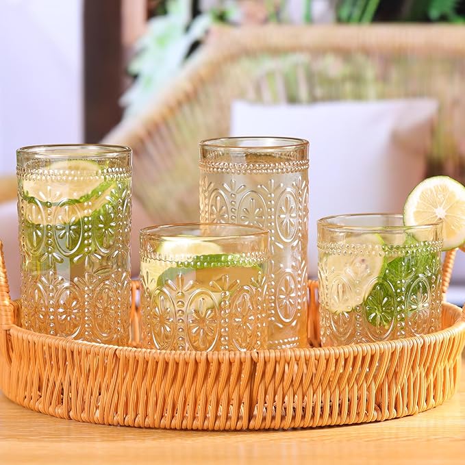 Amber Glassware Set of 4, Vintage Drinking Glasses, Colored Glassware Drinking, Highball Embossed Beverage Glasses Cup for Water, Juice, Cocktail, Coffee (2pcs12oz+2pcs10oz）