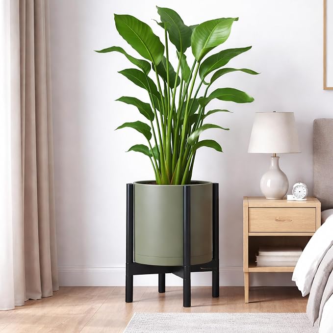 D'vine Dev Planter Pot with Stand - 12 Inch Plastic Cylinder Flower Pot with Wood Planter Holder for Indoor, Olive Pot + Ebony Stand, 55-C-Q-3