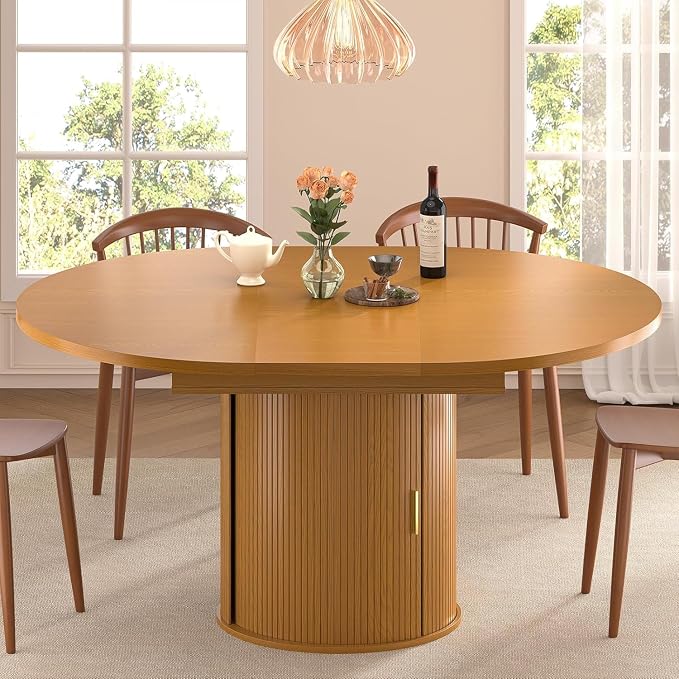 DHH 47"-63" Extendable Round Dining Table for 4–8 with Storage, Mid Century Modern Farmhouse Wood Oval Dinner Table with Pedestal Base for Kitchen, Living Room (Yellow Walnut)