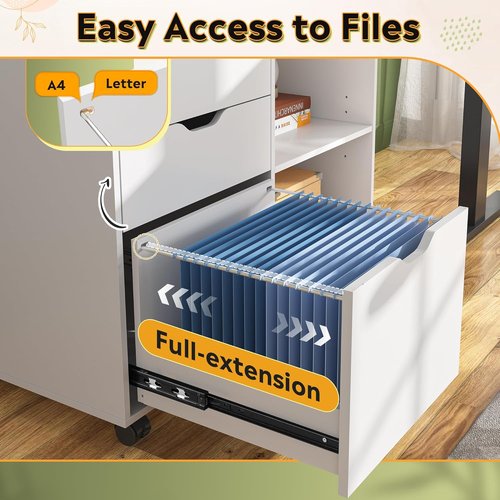 DEVAISE 3-Drawer Wood File Cabinet - Mobile Lateral Filing Cabinet with Open Storage Shelves | White Finish