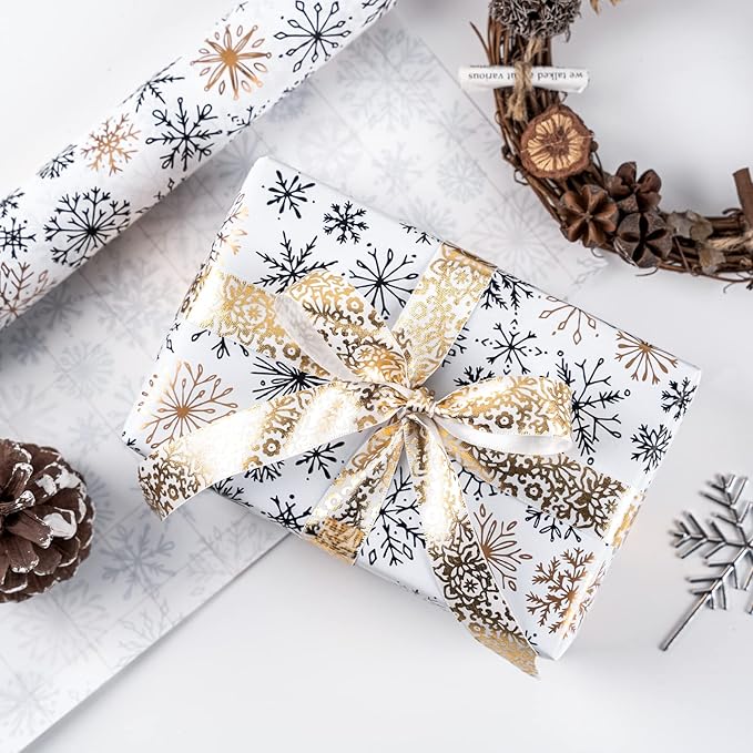 MAYPLUSS Wrapping Paper Roll - Mini Roll - 17 inch X 120 inch Per roll - 3 Different Christmas Black Gold Design (42.3 sq.ft.ttl)