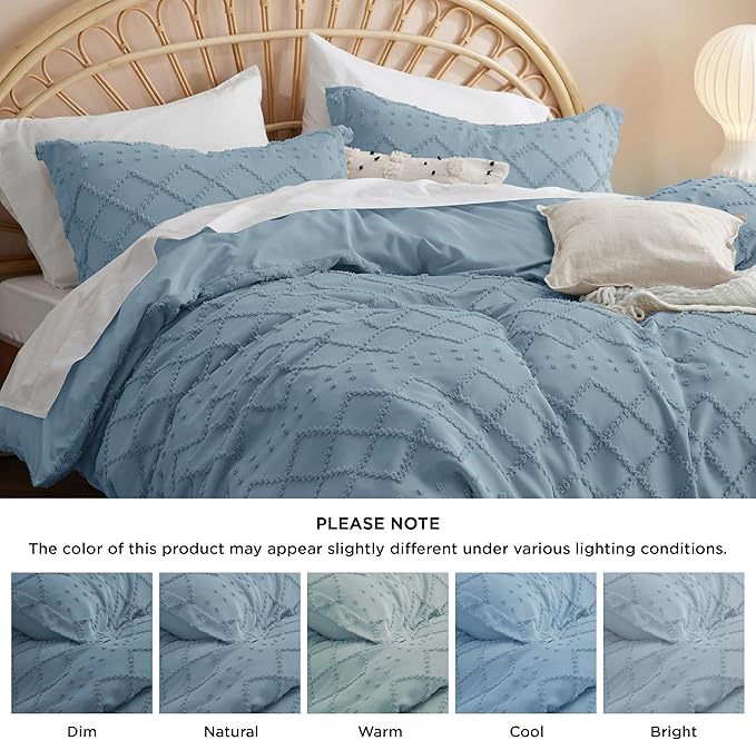 Bedsure Boho Duvet Cover Queen Size, Mineral Blue Breathable & Soft Boho Bedding, Machine Washable Comforter Cover for All Seasons, Includes 1 Duvet Cover 90"x90" with 2 Pillow Shams & Zipper Closure