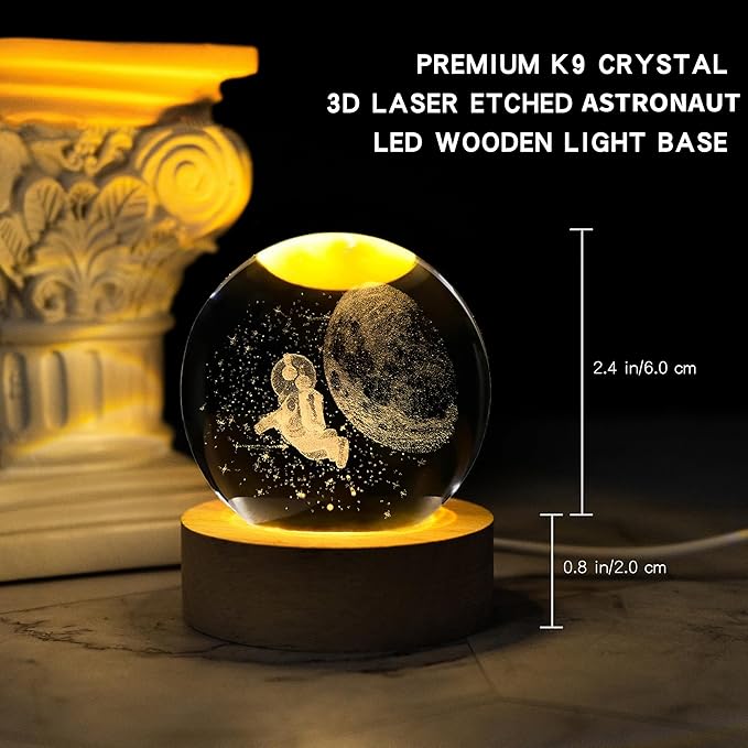 Astronaut Crystal Ball with LED Light Base, 60mm Glass Sphere Decorative Balls, Universe Space Galaxy Lamp Gifts