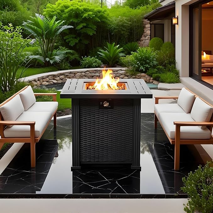 28" Propane Gas Fire Pit Table, 50000 BTU Square Steel Fire Pit with Lid & Volcanic Stones 2 in 1 Fire Pit Table Rock for Outside Patio Deck Garden Courtyard