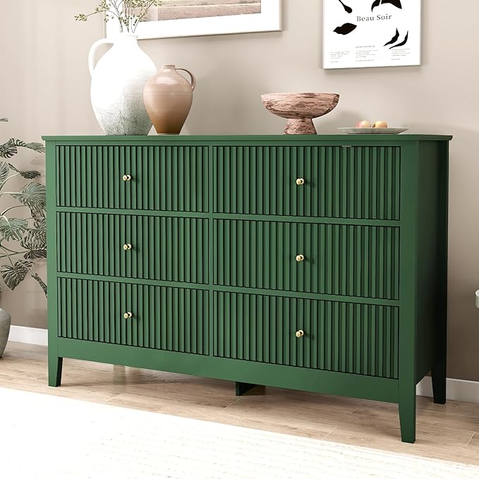 Green Dresser for Bedroom, 6 Drawers Fluted Chest of Drawers with Storage, Modern Wide Storage Dresser with Paint Design, Wood Drawer Organizer Green Dressers for Hallway, Entryway
