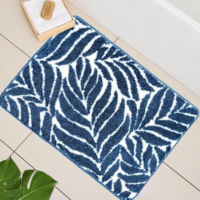 Navy Blue Bathroom Rug - Dark Blue Bath Mat Tropical Leaf Bath Rugs Non Slip Washable Bathrug for Bathroom Floor, Cute Plant Bathmat Absorbent Bath Mats Botanical Home Decor 20" x 32"