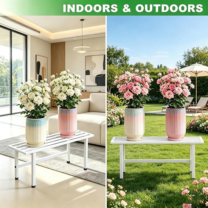 Dipion 2 Pack Metal Plant Stand Outdoor Plant Shelf Indoor,1 Tier Heavy Duty Plant Stands for Multiple Plants,26" L x 10.12" H x 8.75" W,White