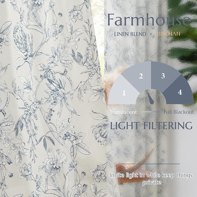 jinchan Floral Curtains 63 Inch Length Blue Flower Linen Farmhouse Curtain for Living Room French Country Vintage Curtain Rod Pocket Curtains Set 2 Panels Blue Floral Printed
