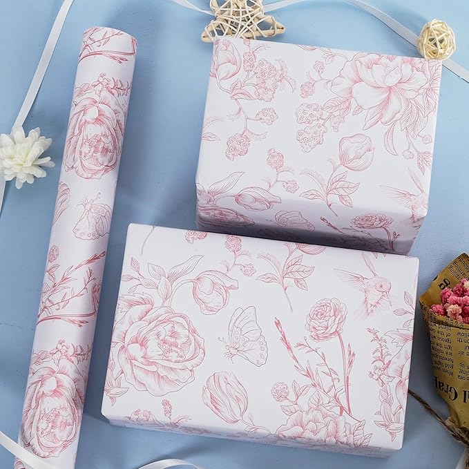 RayofSun Pink Floral Wrapping Paper Roll 17 in x 16.5 ft Mini Roll Vintage Toile Flower Gift Wrap Paper for All Occasion Wedding Birthday Bridal Shower Party Baby Shower Christmas